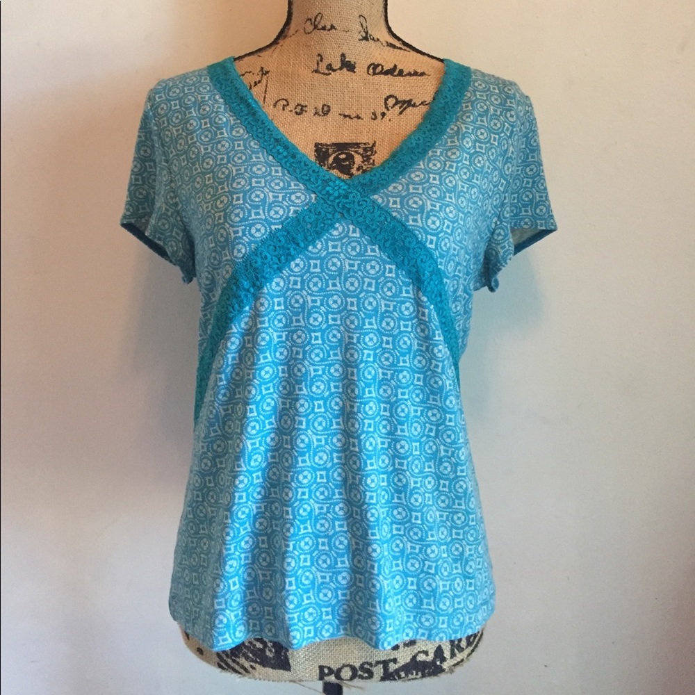 Crazy Horse Blue patterned short sleeve flowy Blouse - XL